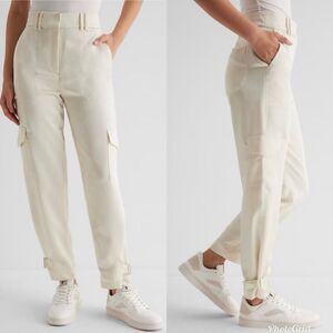 Express White Cream Super High Waisted Satin Cargo Ankle Pants